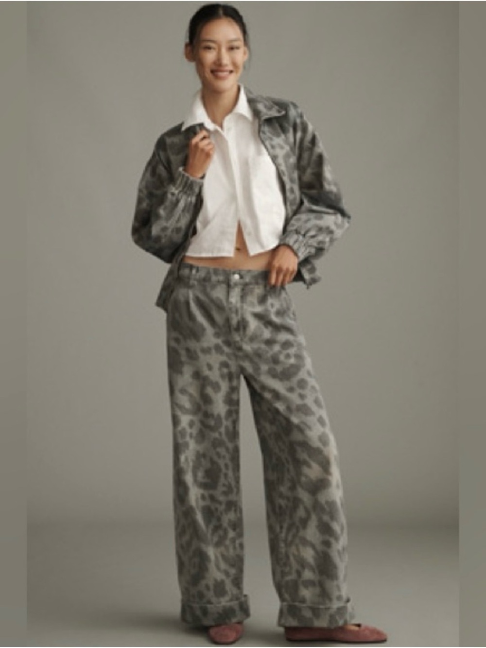 Anthropologie’s Pilcro Leon High-Rise Leopard Print wide-leg cuffed Jeans
